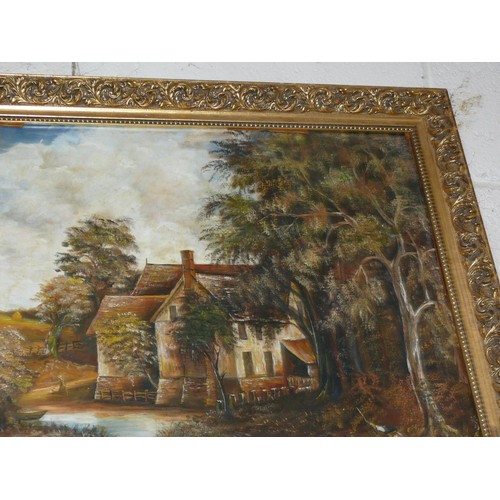79 - Large oil painting on board of a mill house scene with boat & figures. Ornate gilt frame. 75cm x 70c... 