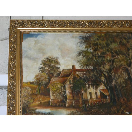 79 - Large oil painting on board of a mill house scene with boat & figures. Ornate gilt frame. 75cm x 70c... 