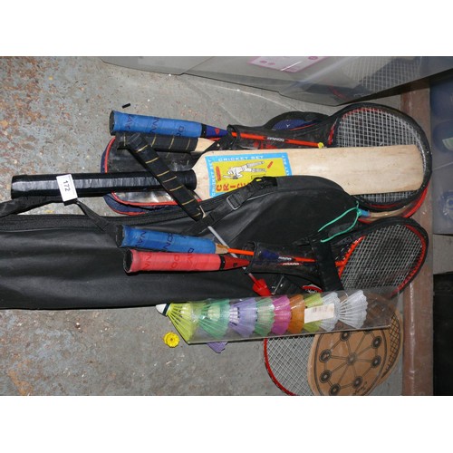172 - Selection of badminton sets, rackets, cricket bats etc