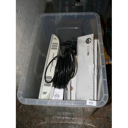173 - Large box of electricals to include Sky boxes and Samsung TV