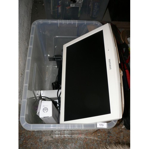 173 - Large box of electricals to include Sky boxes and Samsung TV