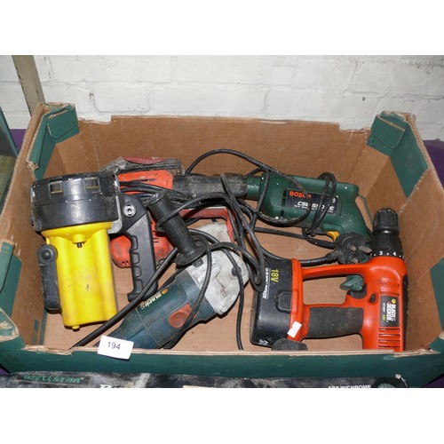194 - Box of power tools to include drills, sander and grinder plus a large torch