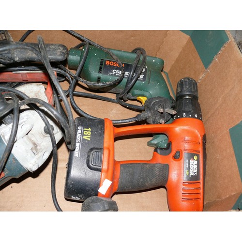 194 - Box of power tools to include drills, sander and grinder plus a large torch
