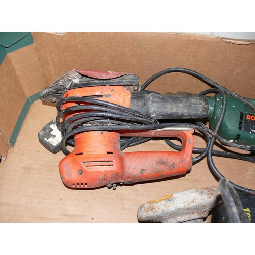194 - Box of power tools to include drills, sander and grinder plus a large torch