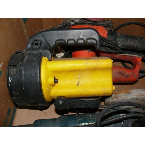 194 - Box of power tools to include drills, sander and grinder plus a large torch