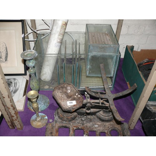 195 - Mixed vintage lot to include scales, candlesticks etc