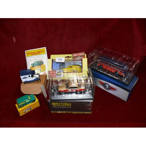 216 - 5 boxed vehicles to include Only Fools and Horses, British Touring Cars, Classic Coaches etc
