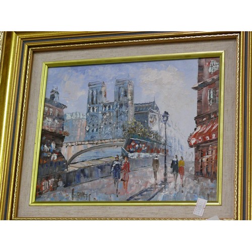 100 - Two late 20th Century French oil paintings on canvas - Paris scenes with Notre Dame & Eiffel Tower. ... 