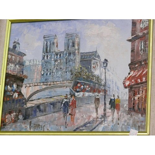 100 - Two late 20th Century French oil paintings on canvas - Paris scenes with Notre Dame & Eiffel Tower. ... 