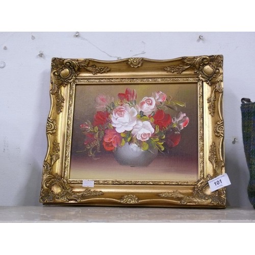 101 - Original oil painting on canvas board of a bowl of red & pink roses- rococo style frame. 33cm x 29cm