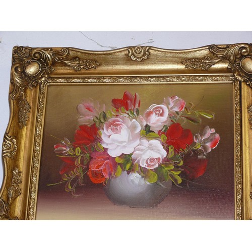 101 - Original oil painting on canvas board of a bowl of red & pink roses- rococo style frame. 33cm x 29cm