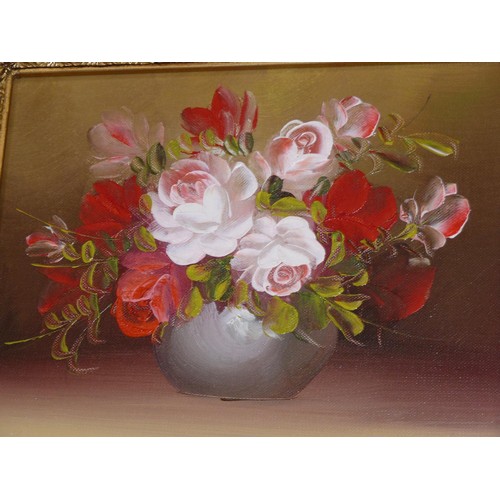 101 - Original oil painting on canvas board of a bowl of red & pink roses- rococo style frame. 33cm x 29cm