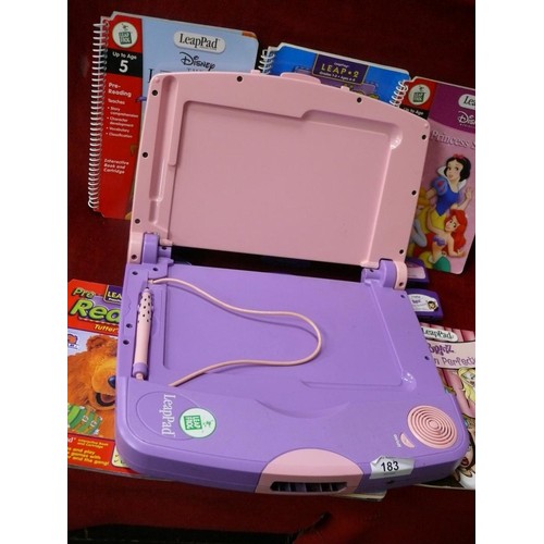183 - Leapfrog LeapPad with books and cartridges plus a T Rex book and model