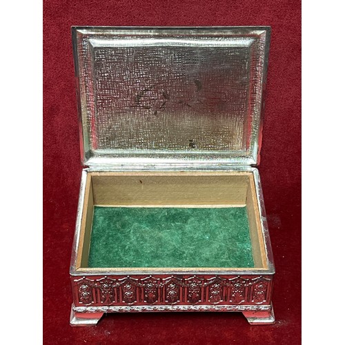 9 - Vintage antimony metal box the lid decorated with clover and a panel of a spaniel