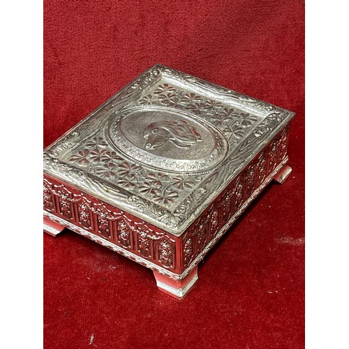 9 - Vintage antimony metal box the lid decorated with clover and a panel of a spaniel