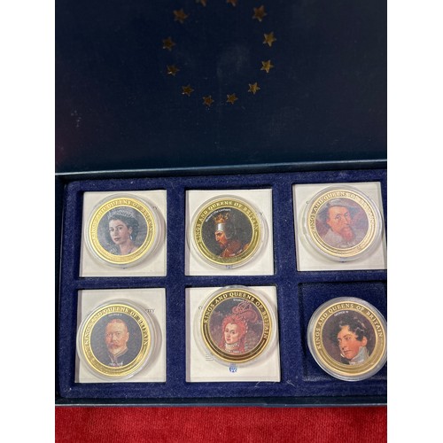 54 - A boxed set of six Kings & Queens of Britain coin medals inc Elizabeth II, Richard I, James I,  Geor... 