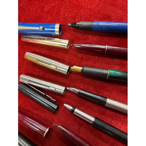 63 - Six fountain pens including four by Parker a fat egg pen probably by Colibri of London, the nib mark... 