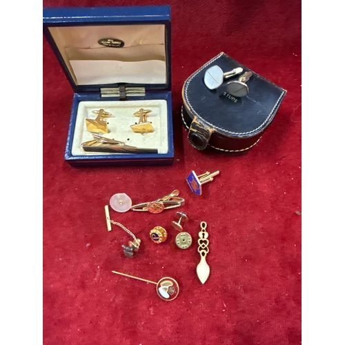 67 - Cufflinks, tie clip, studs and pins including a sterling silver USAF lapel pin