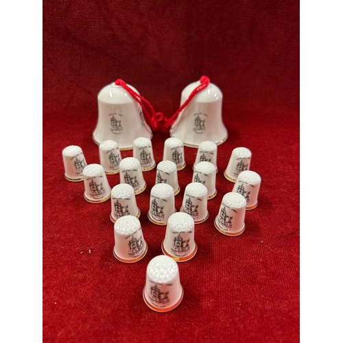 75 - Crowland Abbey, two porcelain bells by Allenway of Bourne England and 18 porcelain thimbles ‘Bone Ch... 