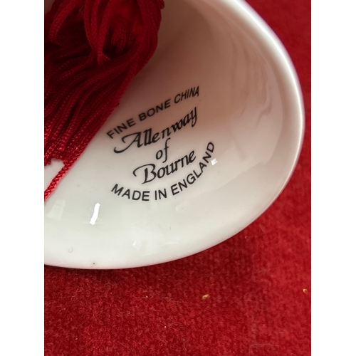 75 - Crowland Abbey, two porcelain bells by Allenway of Bourne England and 18 porcelain thimbles ‘Bone Ch... 