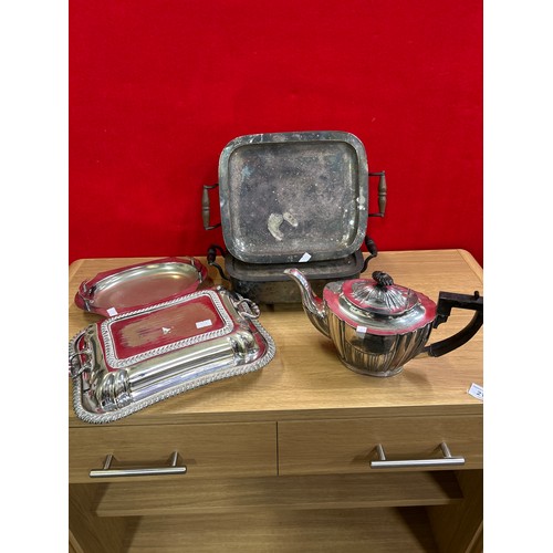 213 - Pair of antique silver plate food warmers with burners plus heavy silver plate 2 part tureen, teapot... 