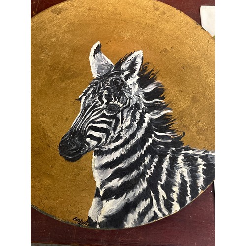 392 - Hand painted lilies on glass and a zebra plate