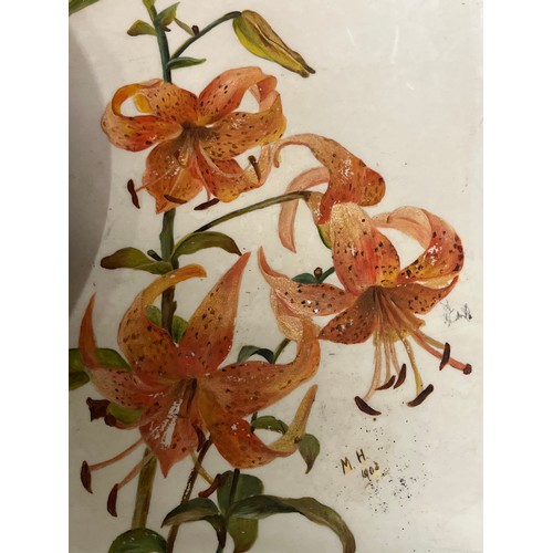 392 - Hand painted lilies on glass and a zebra plate