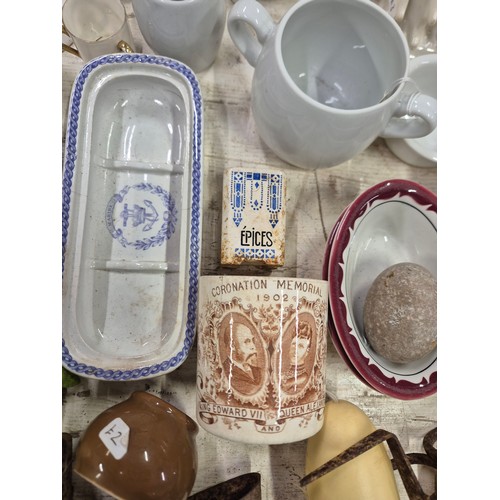 422 - Mixed antique and vintage ceramics to include Art Deco French pot (A/F), Coronation mug 1902, farm a... 