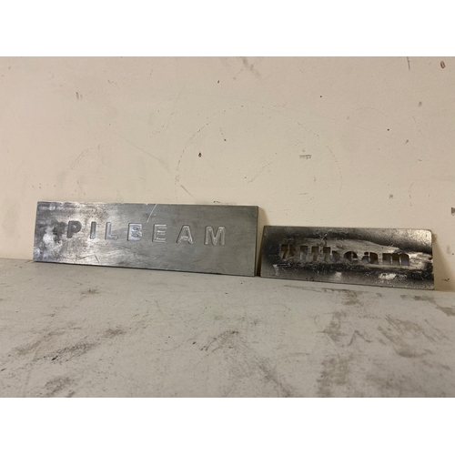 56 - ‘Pilbeam’ racing brand workshop steel stencil, along with a machined ‘Pilbeam’ aluminium plaque. Ste... 
