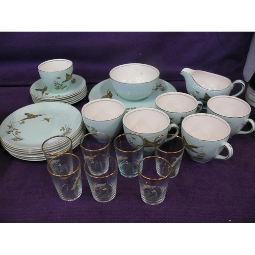 79 - Vintage Alfred Meakin tea set 'Pheasant' pattern - 21 pieces and also 7 pheasant pattern shot glasse... 