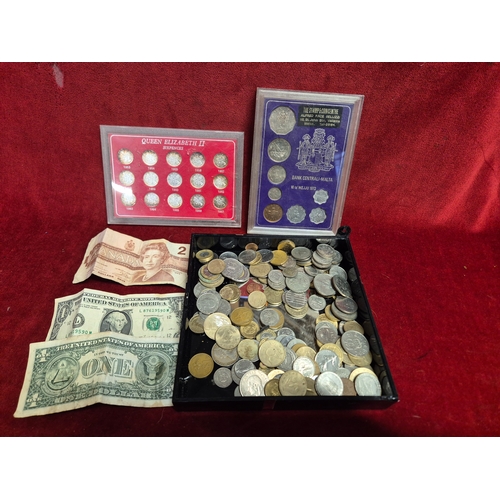 80 - Mixed lot of coins and notes British and Foreign to include Sixpence set 1953-1967 and Maltese proof... 