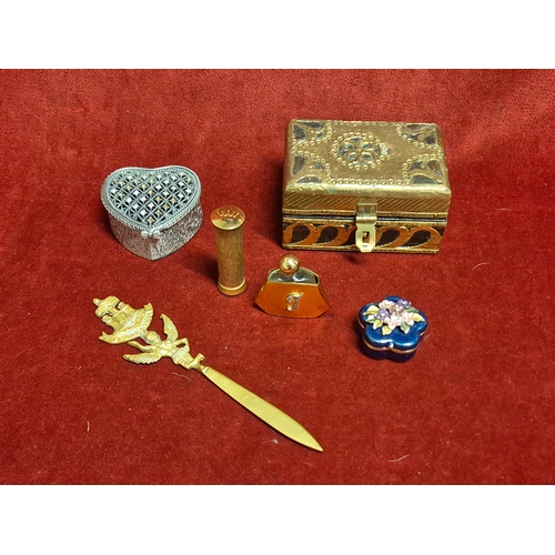 82 - Mixed decorative lot - trinket boxes, letter opener, scent bottle and lipstick
