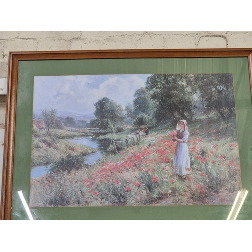 86 - A large framed print of a country scene with figures in a field of poppies by Ernst Wilburn 1872 to ... 
