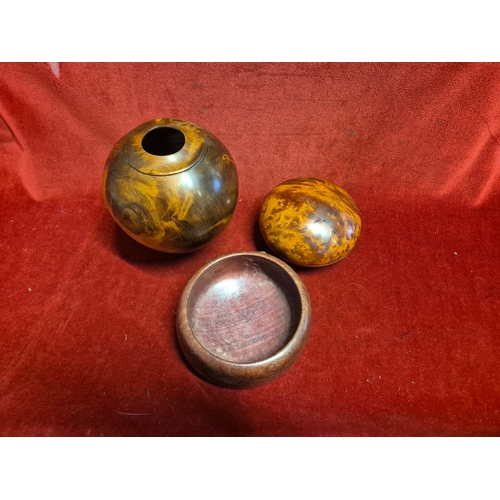 95 - Beautiful vase made in New Zealand from Kauri wood plus a matching trinket pot and a hard wood bowl