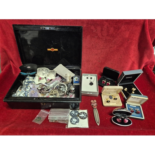 97 - Vintage metal cash tin with contents of mixed costume jewellery