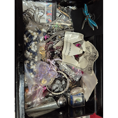 97 - Vintage metal cash tin with contents of mixed costume jewellery