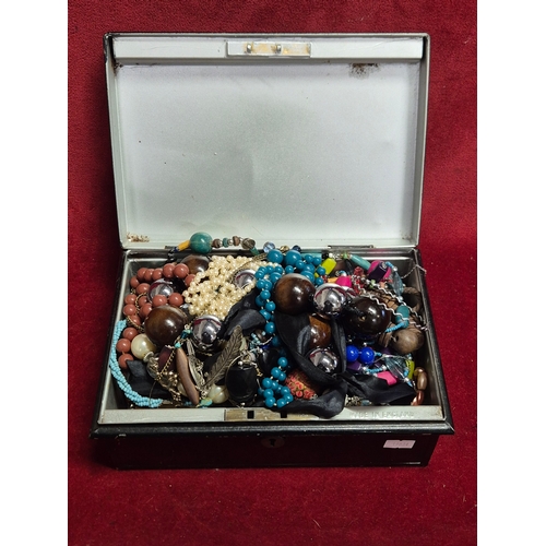 100 - Vintage cash tin with contents of costume jewellery