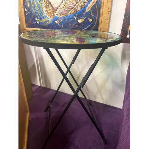 132 - Poppy side table- decorative Poppy designed glass top, metal frame, folding table