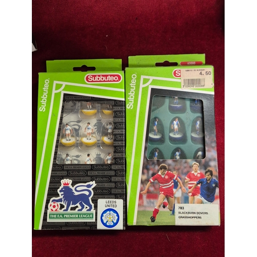 106 - 7 vintage Subbuteo player sets - Milan, Southampton, Bradford City, Barcelona, Leeds United, Blackbu... 