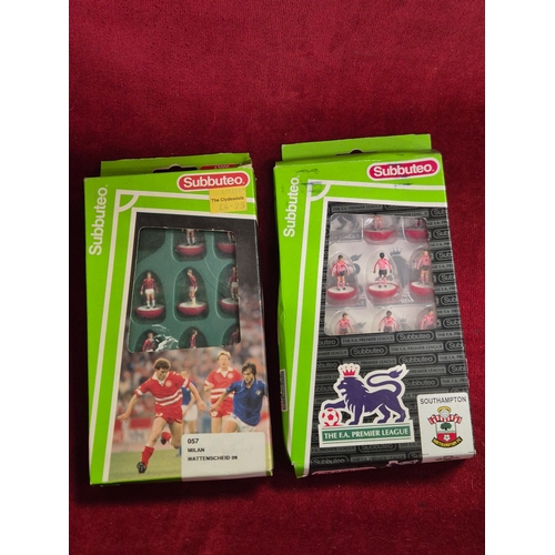 106 - 7 vintage Subbuteo player sets - Milan, Southampton, Bradford City, Barcelona, Leeds United, Blackbu... 