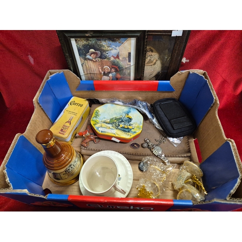 108 - Box of mixed collectables to include vintage prints, leather folder, steam train tin, Britain's figu... 
