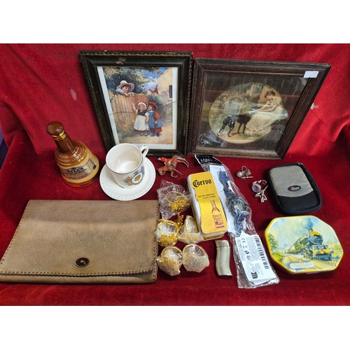 108 - Box of mixed collectables to include vintage prints, leather folder, steam train tin, Britain's figu... 