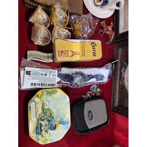 108 - Box of mixed collectables to include vintage prints, leather folder, steam train tin, Britain's figu... 