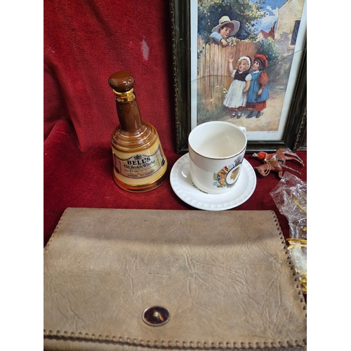 108 - Box of mixed collectables to include vintage prints, leather folder, steam train tin, Britain's figu... 