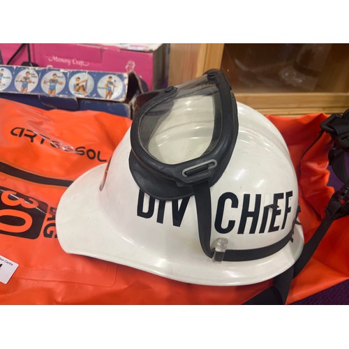 134 - Bullard hardhat ‘dept of forestry plus goggles and a hi viz Dry bag