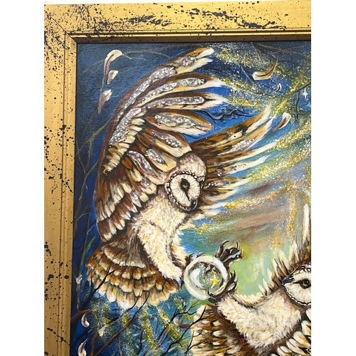 142 - Original Artwork '2 owls fighting’ by S Kulczak, framed 23