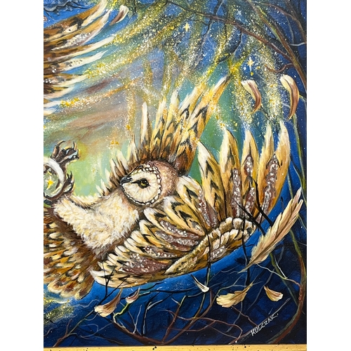 142 - Original Artwork '2 owls fighting’ by S Kulczak, framed 23