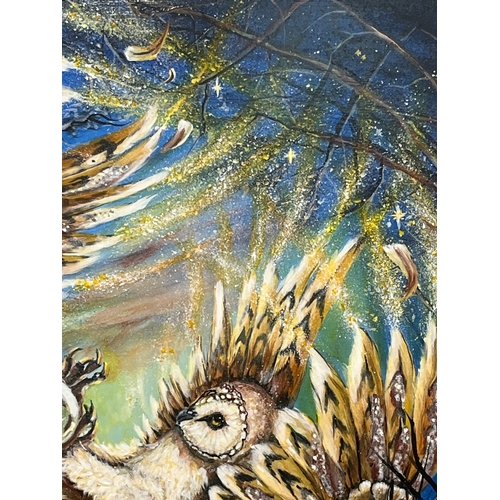 142 - Original Artwork '2 owls fighting’ by S Kulczak, framed 23