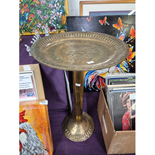 114 - Vintage brass pedestal stand, possibly a church collection tray or a small side table.