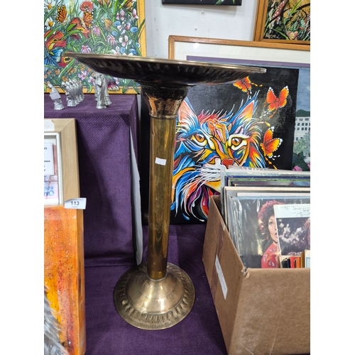 114 - Vintage brass pedestal stand, possibly a church collection tray or a small side table.